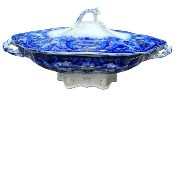 RARE Wood & Sons Antique Flow Blue "Lakewood" Footed Covered Dish 1891-1907 - Picture 1 of 13